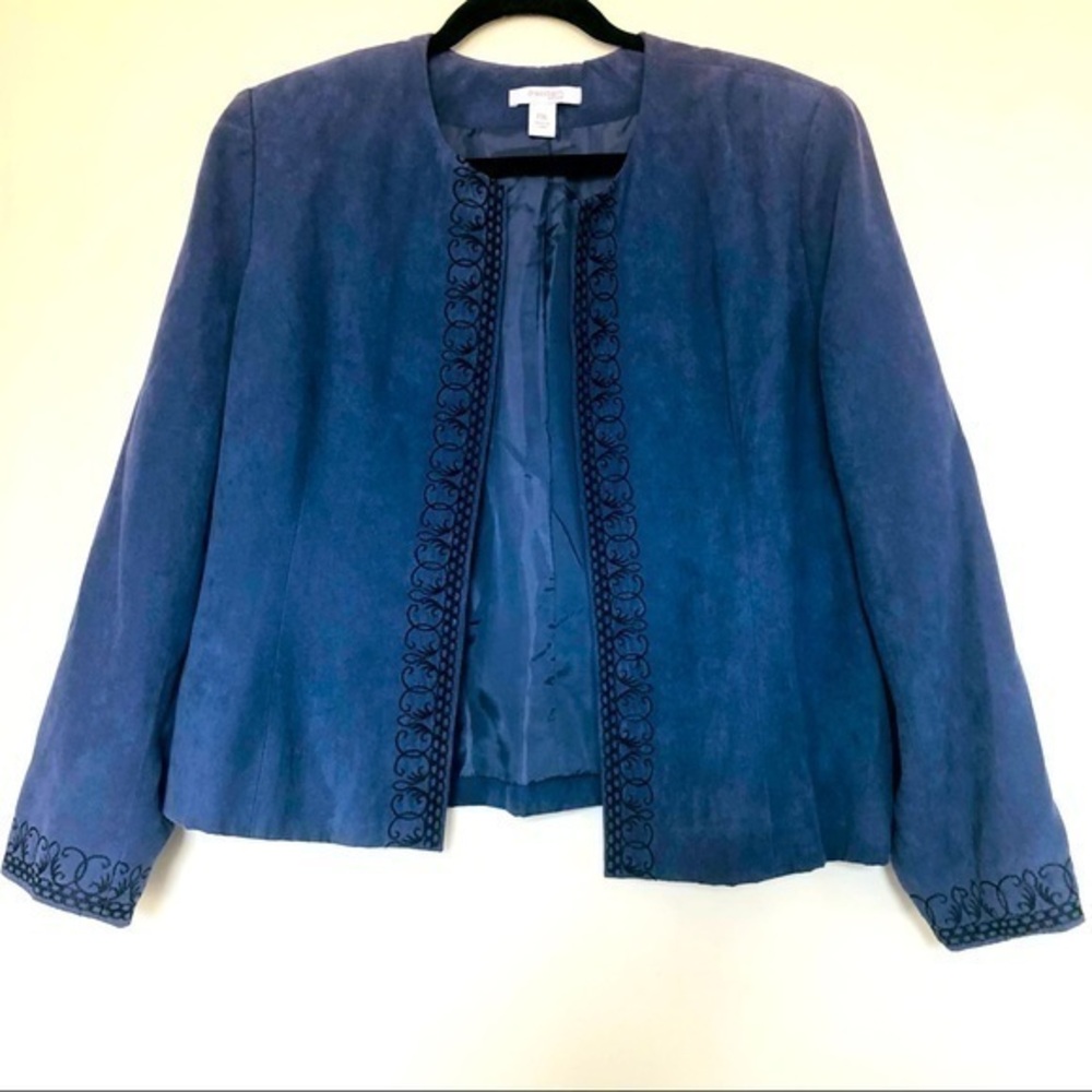 NWOT Dress Barn Blue Embroidered Faux Suede Open Jacket- Size XLP